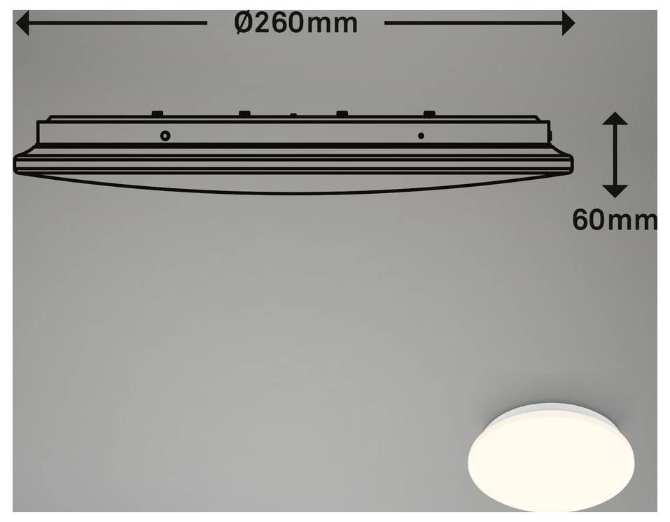 Seitenansicht-Produktdiagramm einer runden Deckenleuchte mit einer Breite von 260 mm und einer Höhe von 60 mm, mit einem kleinen leuchtenden Beispiel unten rechts dargestellt.
