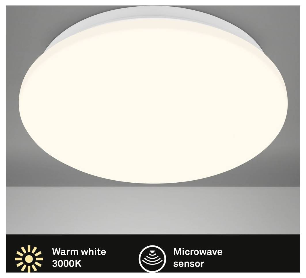 Runde Deckenleuchte mit warmweißem 3000K Glühen und integriertem Mikrowellensensor.