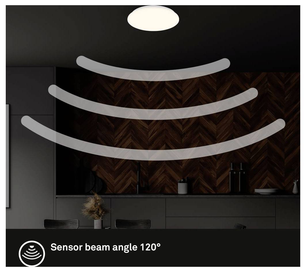 Illustration eines Deckenstellersensors mit drei breiten Erfassungsbögen, beschriftet mit "Sensorstrahlwinkel 120°".