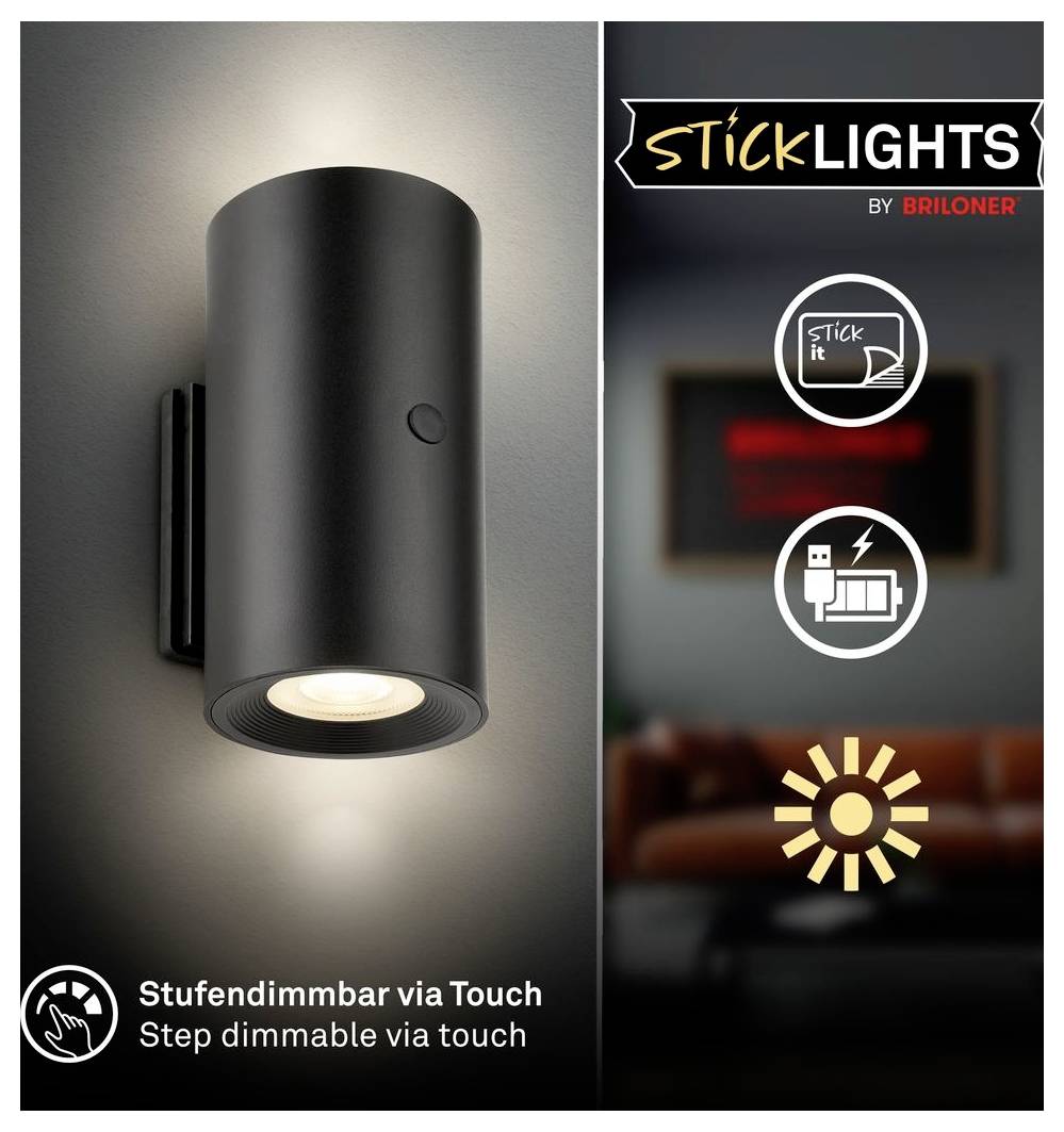 Werbebild einer schwarzen, wandmontierten "StickLights" LED-Leuchte, die Touchdimmer- und einfache Aufklebe-Installationssymbole zeigt.