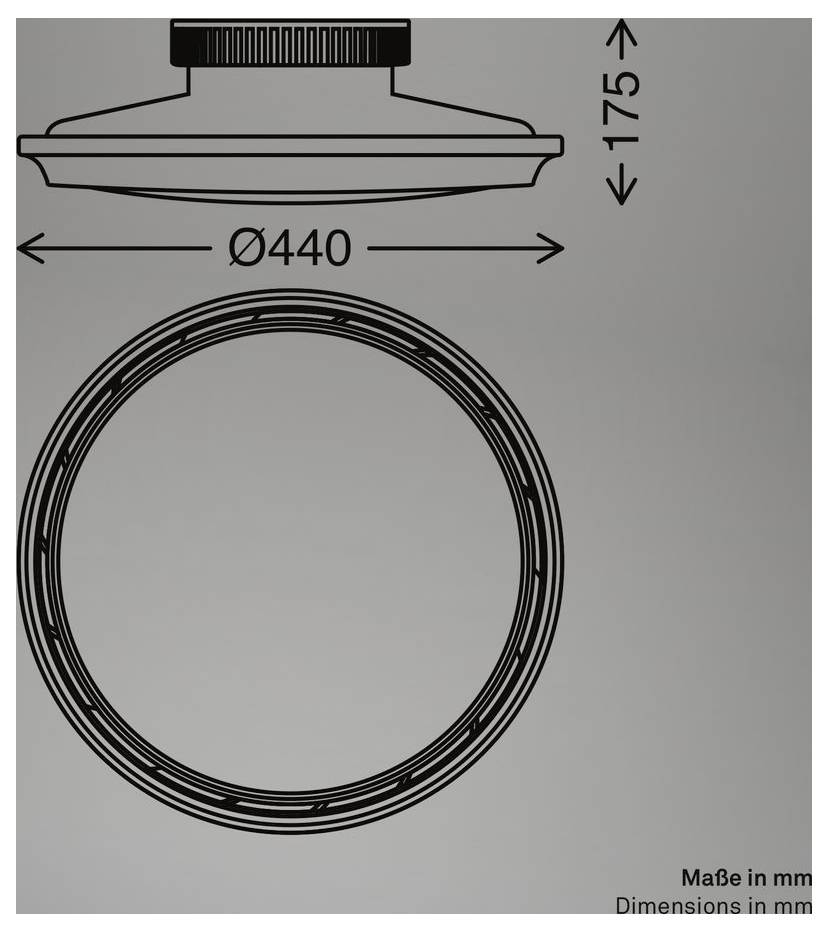 Technische Maßstabzeichnung einer runden Vorrichtung mit Draufsicht und Vorderansicht mit den Abmessungen Ø440 mm und 175 mm, beschriftet mit „Abmessungen in mm".