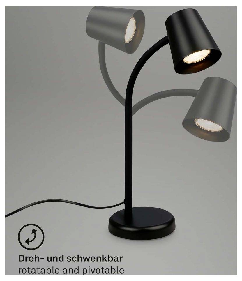 Schwarze dreiköpfige verstellbare Schreibtischlampe mit rotierenden Spotlights; Text sagt „Dreh- und schwenkbar" und „rotatable and pivotable".
