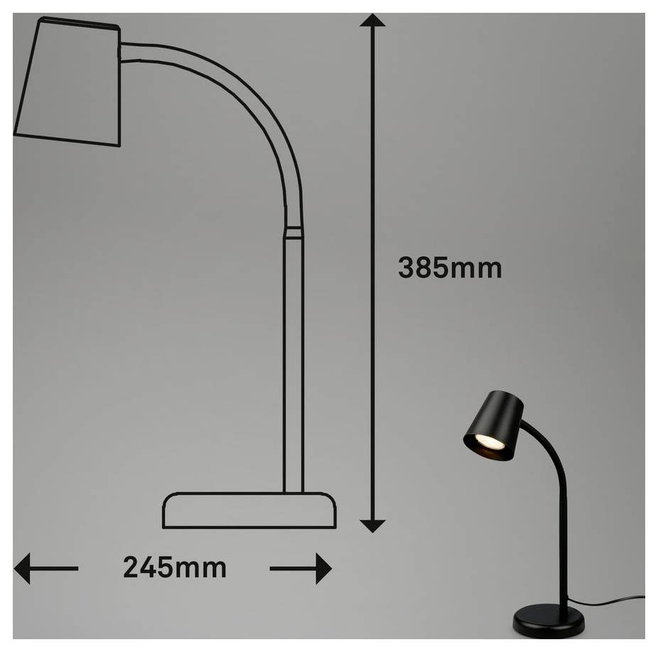 Diagramm einer schwarzen Schreibtischlampe mit Abmessungen: 385 mm hoch und 245 mm breit, wobei die Lampe unten rechts abgebildet ist.