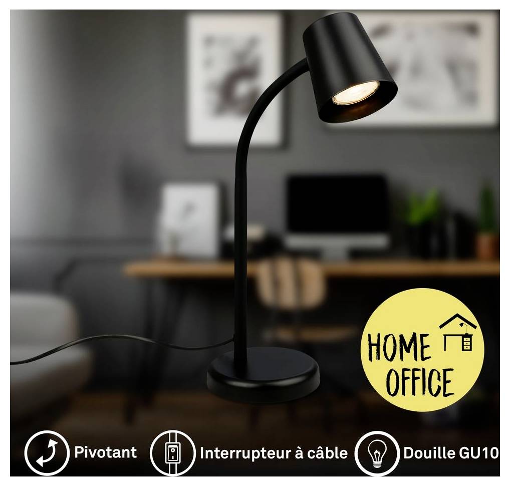 Schwarze verstellbare Schreibtischleuchte in einem Heimarbeitszimmer, mit Schalter am Kabel und GU10-Fassung; das Abzeichen "HOME OFFICE" zeigt die Verwendung im Büro an.