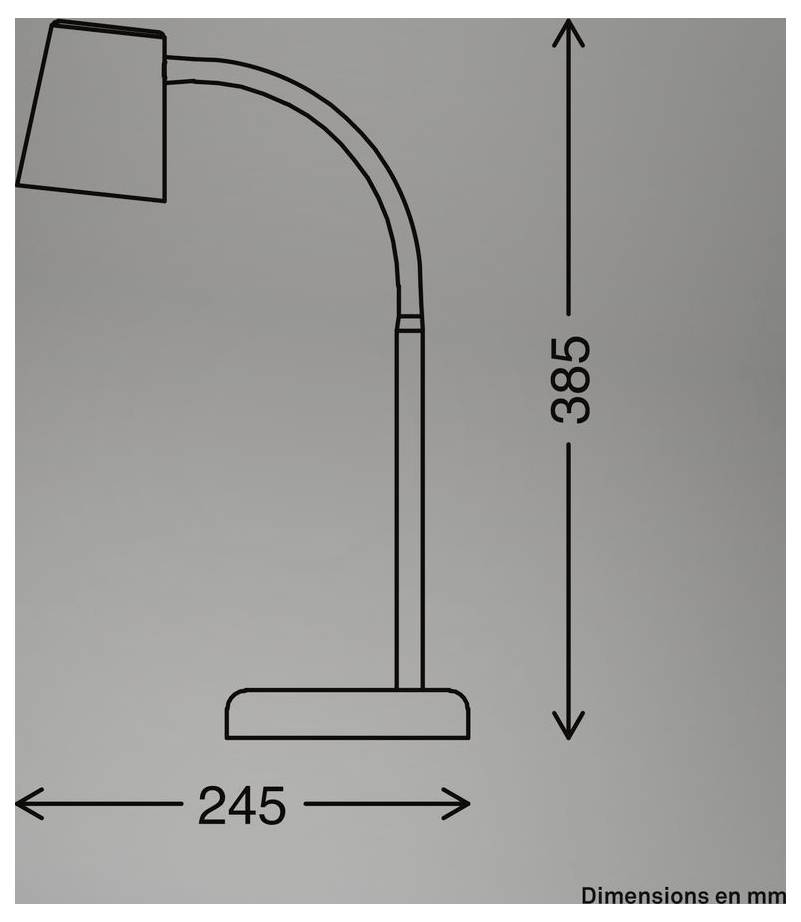 Technische Zeichnung einer gekrümmten Lampe mit Abmessungen in Millimetern: 385 mm Höhe und 245 mm Breite.