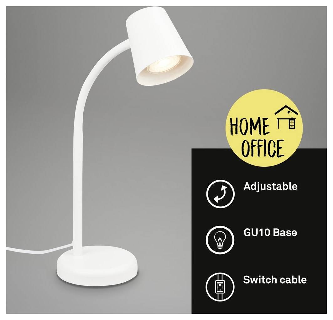 Weiße verstellbare Schreibtischlampe mit "Home Office"-Abzeichen und aufgelisteten Merkmalen: verstellbar, GU10-Fassung, Schaltkabel.