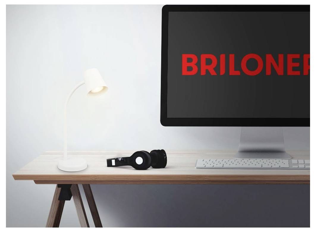 Moderner Schreibtisch mit leuchtender weißer Lampe, Kopfhörern, Tastatur und einem Monitor, der das rote Wort „BRILONER" anzeigt.