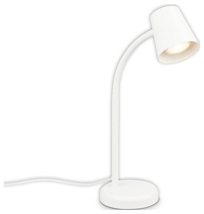 Weiße verstellbare Schreibtischlampe mit leuchtender Glühbirne auf einem weißen Hintergrund, dargestellt mit ihrem Stromkabel, das nach links verläuft.