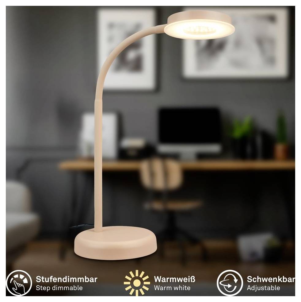 Rosa verstellbare Schreibtischlampe mit warmweißem Licht, gezeigt in einem Heimbüro; Text hebt stufenlos dimmbar und schwenkbare Funktionen hervor.