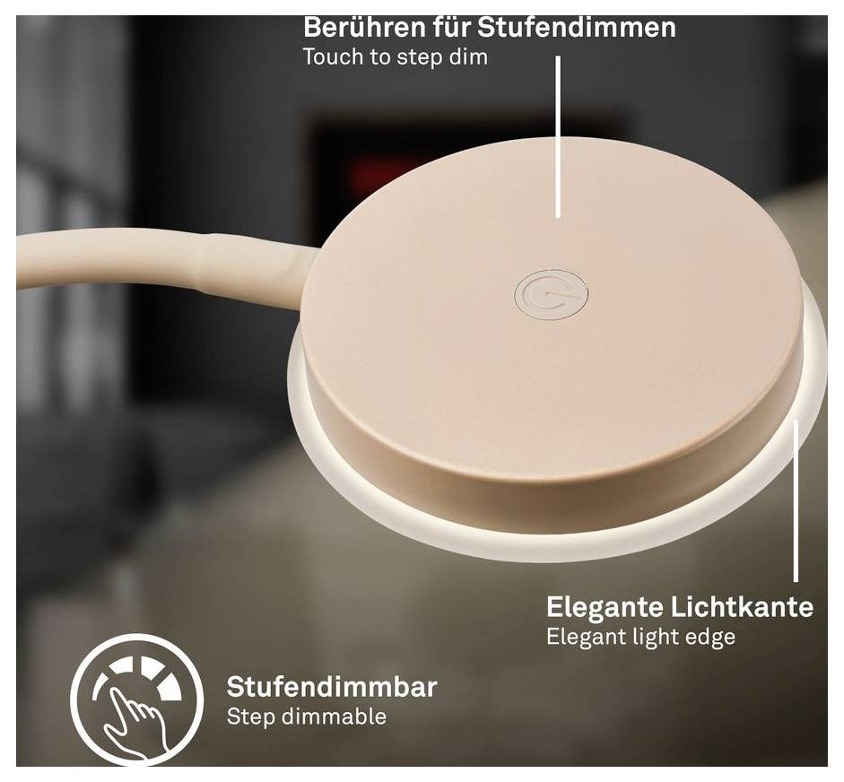 Nahaufnahme eines Touch-Dimmschalters mit den Beschriftungen „Zum schrittweisen Dimmen berühren", „Elegante Lichtkante" und „Schrittweise dimmbar".