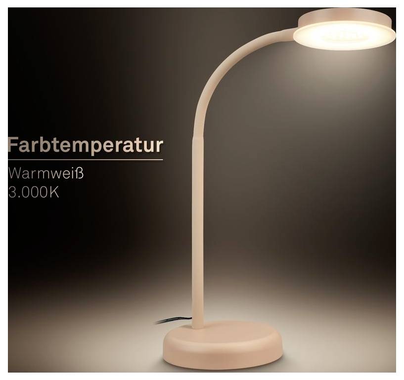 Rosa gebogene Schreibtischleuchte in warmweißem Licht beleuchtet, mit Text „Farbtemperatur", „Warmweiß" und „3.000K" zur Angabe der Farbtemperatur.