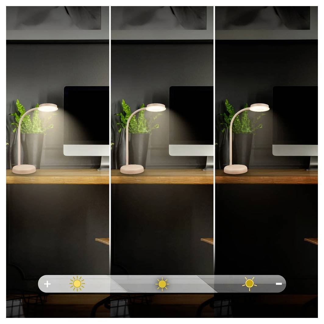Dreiteiliger Vergleich einer Schreibtischlampe, die einen Computermonitor und eine Pflanze beleuchtet, mit Helligkeitsstufen von hoch bis niedrig sowie einem Plus- und Minus-Reglerschieber.