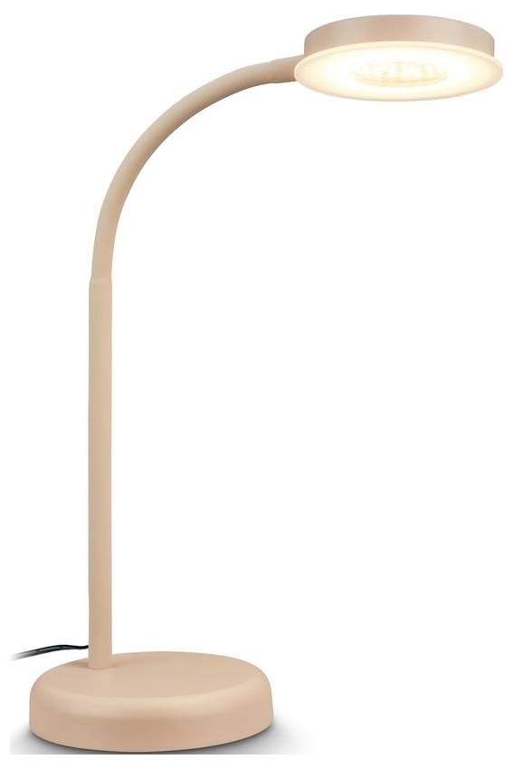 Moderne pfirsichfarbene LED-Schreibtischleuchte mit geschwungener Armatur, rundem Fuß und leuchtendem kreisförmigem Lampenkopf auf weißem Hintergrund.