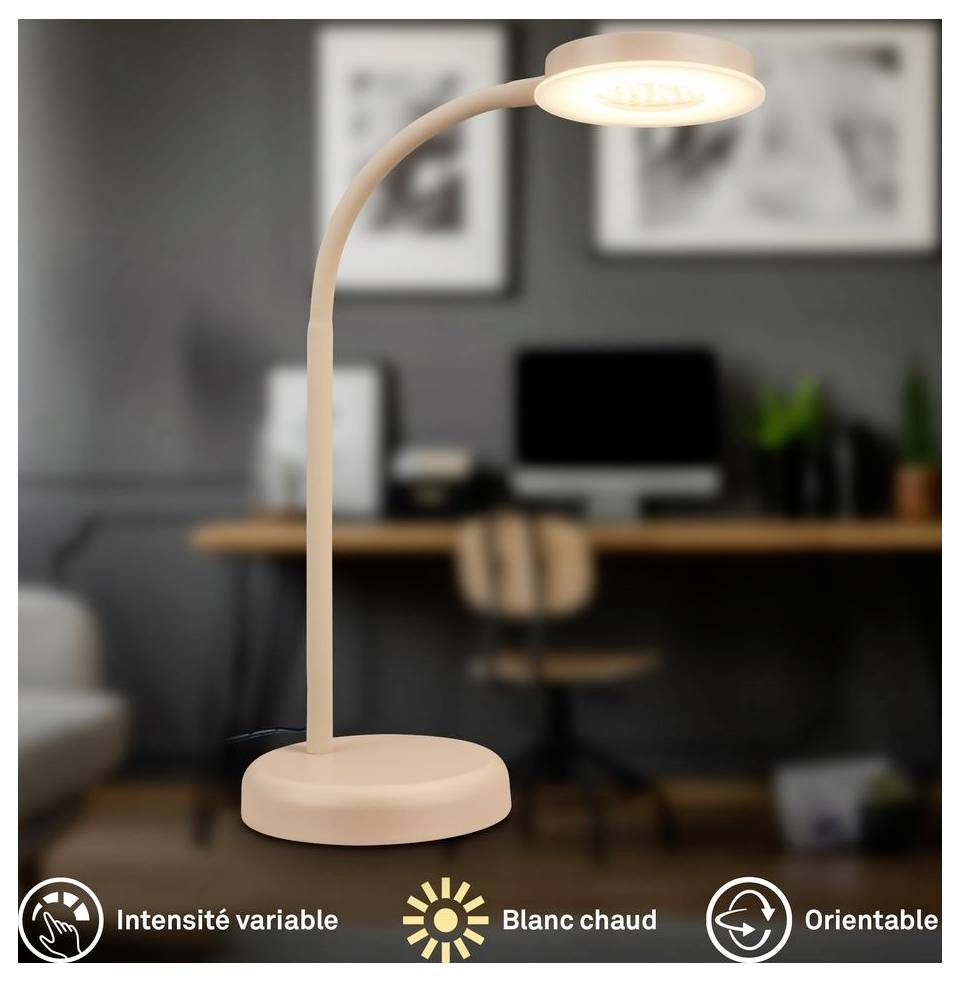 Rosa verstellbare Schreibtischlampe mit warmweißem Licht, gezeigt in einem Homeoffice; gekennzeichnet mit variable Intensität, warmweiß und verstellbare Ausrichtung.