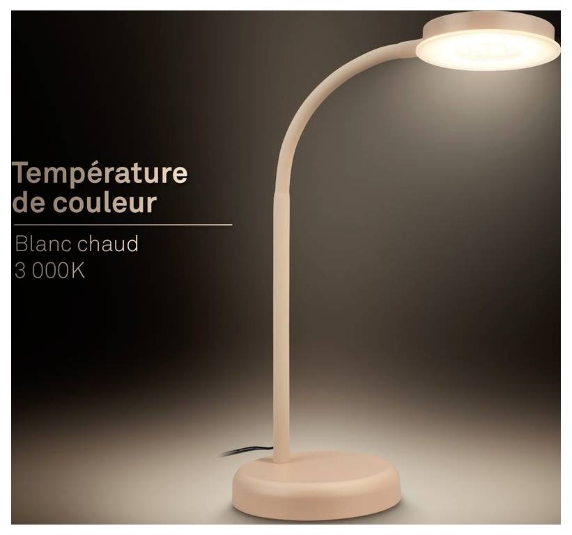 Produktbild einer rosa Schreibtischlampe mit warmweißem Licht; Text liest „Farbtemperatur", „Warmweiß", „3 000K".