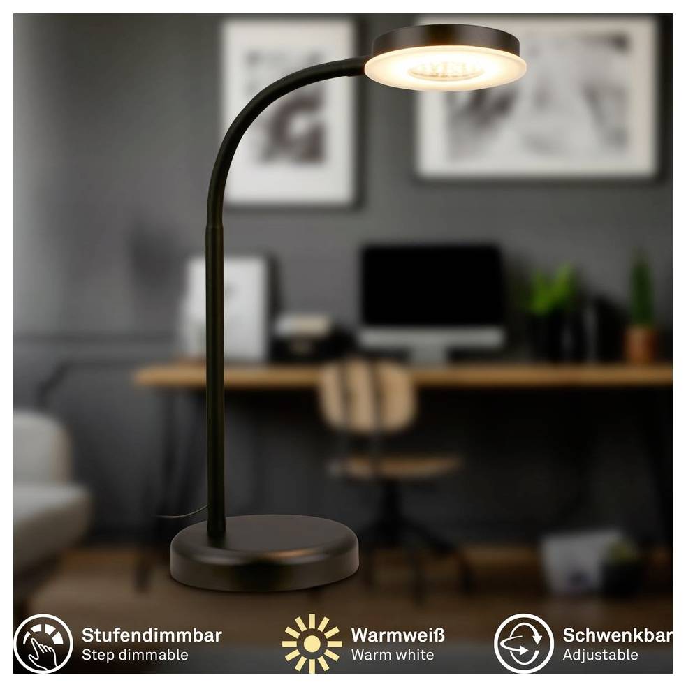Schwarze verstellbare Schreibtischlampe auf rundem Fuß, beleuchtet in einem Arbeitszimmer gezeigt, mit Text, das dimmbar in Stufen, warm weiß und drehbar verstellbar anzeigt.