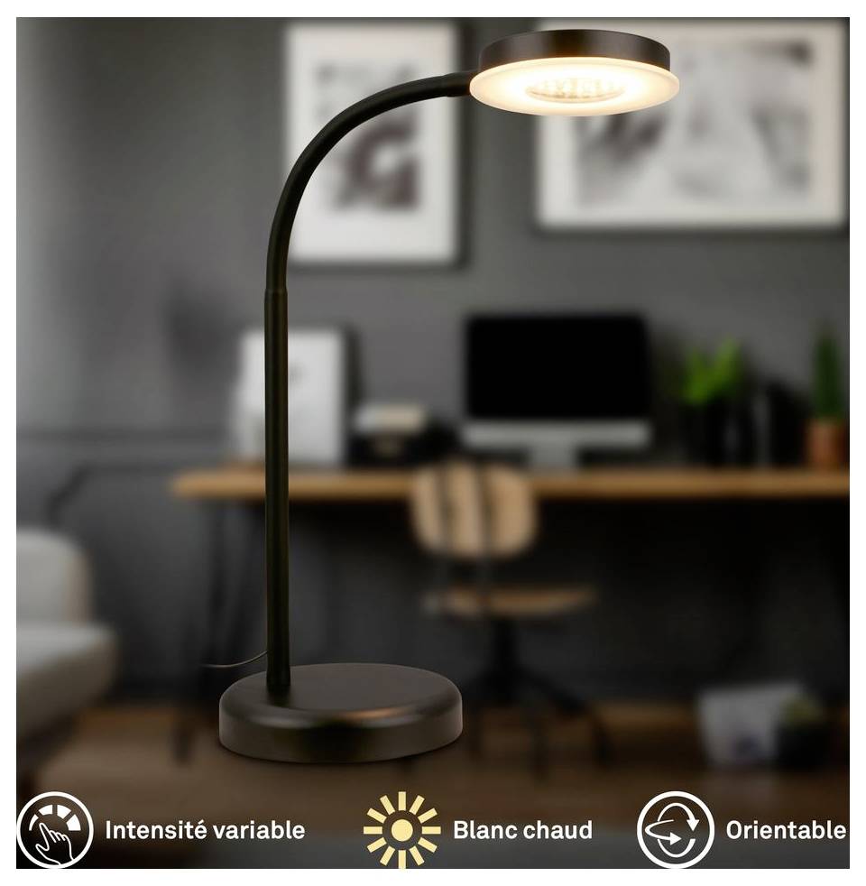 Schwarze verstellbare Schreibtischleuchte mit warmem Licht in einem Homeoffice, gekennzeichnet mit variabler Intensität, warmweiß und verstellbarer Ausrichtung.