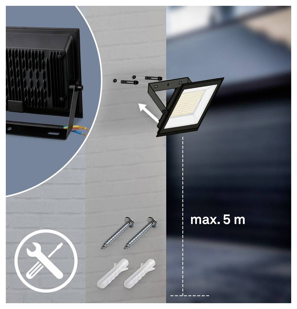 Diagramm zeigt eine wandmontierte LED-Flutlichtinstallation mit Schrauben und Wanddübeln im Lieferumfang enthalten und einer maximalen Montagehöhe von 5 m.