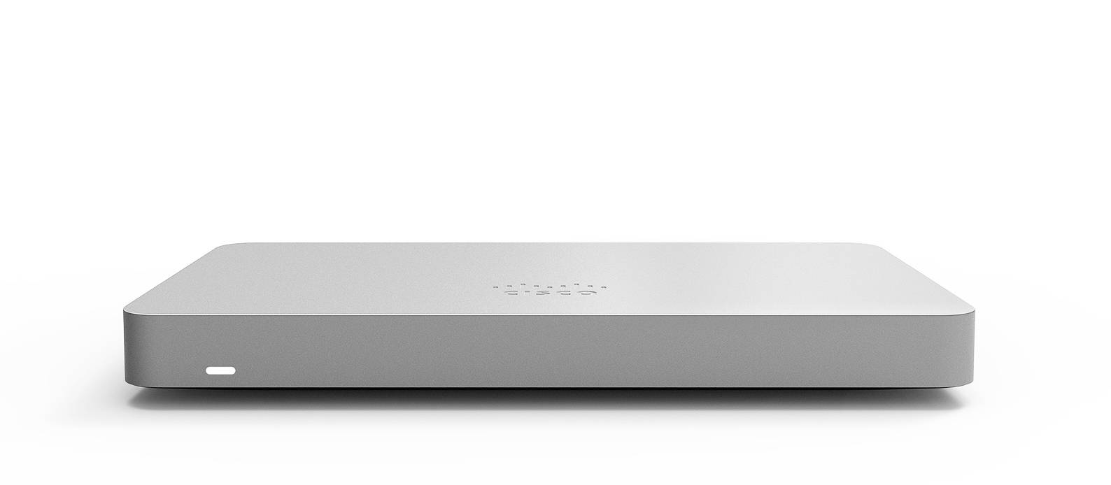 Silberne Apple TV Streaming-Box in Vorderansicht auf weißem Hintergrund, mit einem kleinen Statuslicht auf der Vorderseite links.