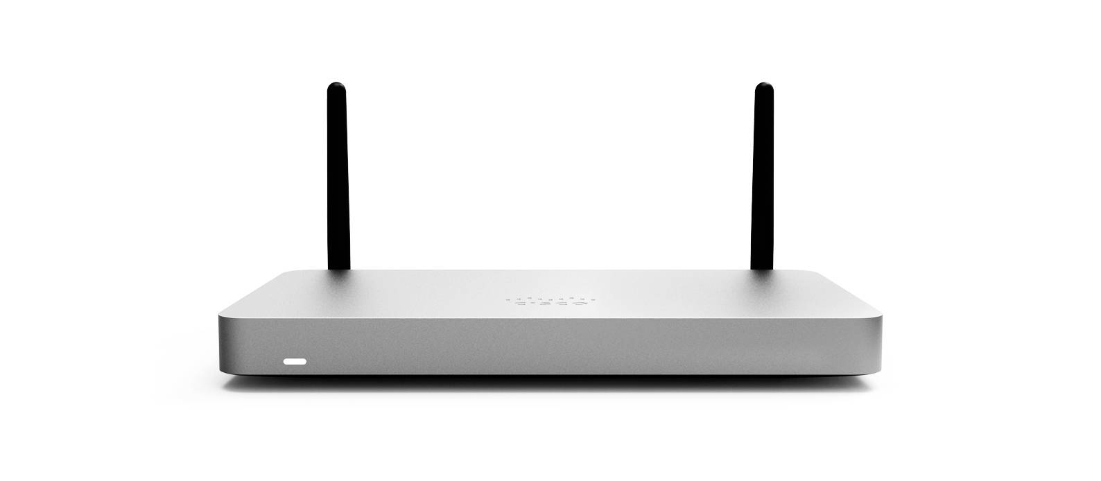 Vorderansicht eines silbernen kabellosen Routers mit zwei vertikalen Antennen auf weißem Hintergrund.