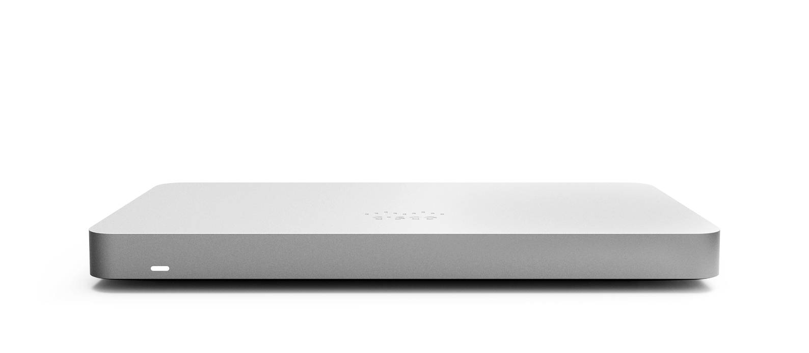 Frontansicht einer silbernen Apple TV Set-Top-Box auf weißem Hintergrund, mit einem kleinen weißen Statuslicht auf der vorderen linken Seite.