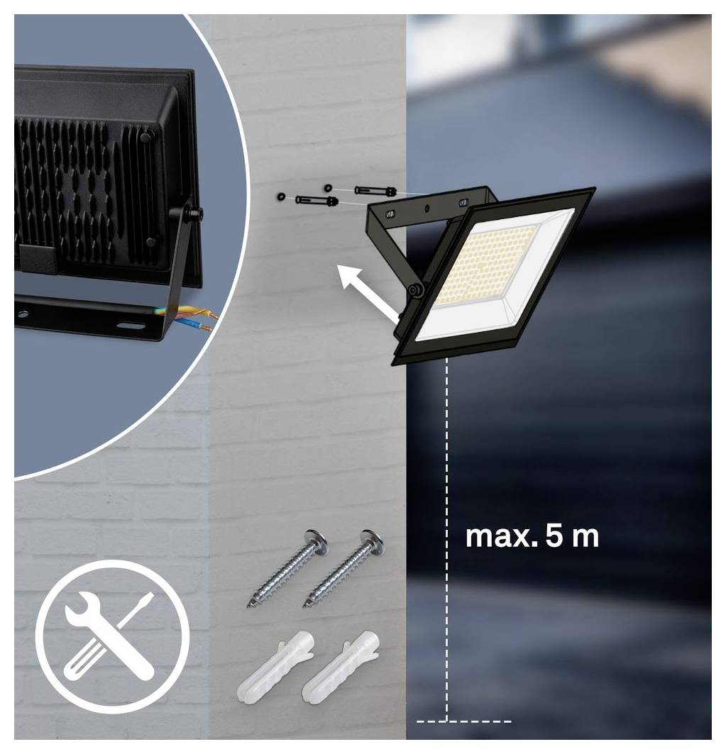 Installationsdiagramm für einen LED-Flutlichtstrahler an einer Wand, mit Montagehardware, Schrauben und Dübeln, mit einer maximalen Höhe von 5 m.