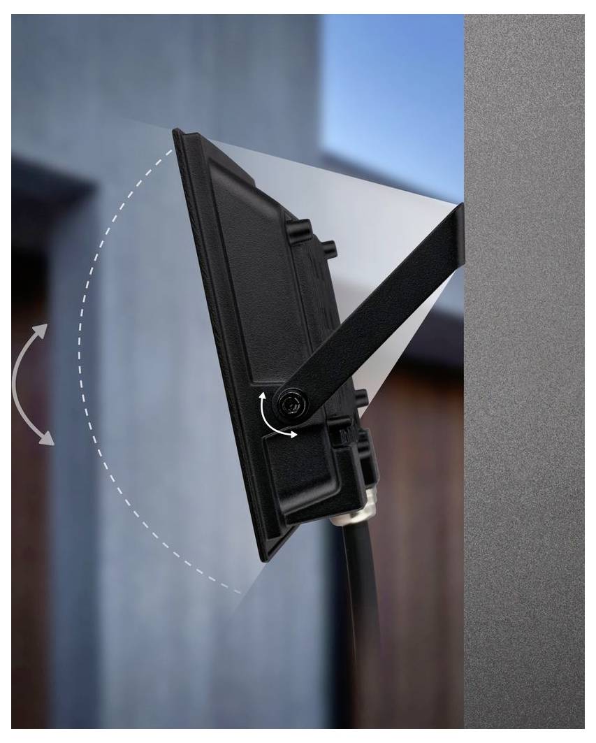 An der Wand montierter Flachbildschirm auf einem verstellbaren Arm mit Pfeilen, die Neigungs- und Schwenkbewegungen anzeigen.