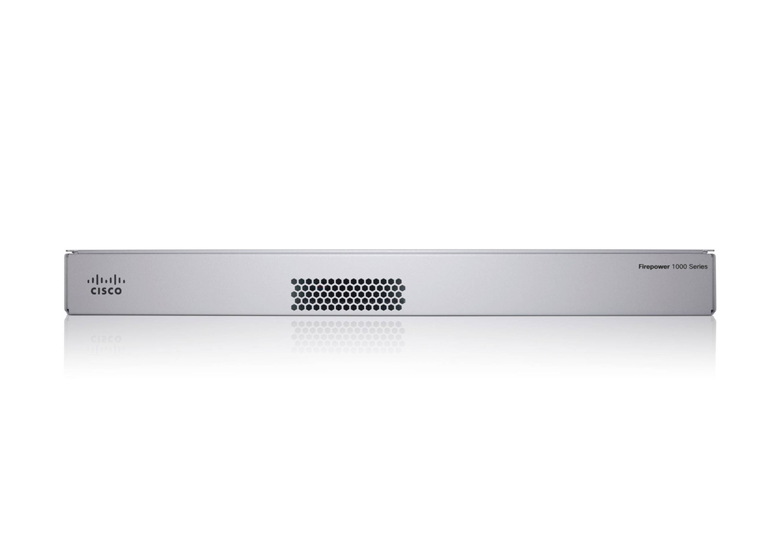 Vorderansicht eines Cisco Firepower 1000 Series Sicherheitsgeräts, silbernes Rack-Mount-Gerät mit Belüftungsgitter.