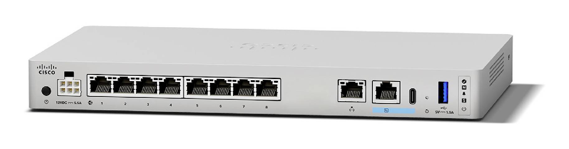 Cisco-Netzwerk-Switch mit Vorderseite mit acht Ethernet-Anschlüssen, zwei zusätzlichen Anschlüssen, einem blauen USB-Anschluss und Statusanzeigen auf einem silbernen Gehäuse.
