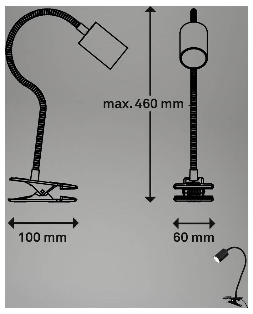 Diagramm einer Klemmhalslampe mit Größenangaben: maximale Höhe 460 mm, Klemmbreite 100 mm, Sockelbreite 60 mm.