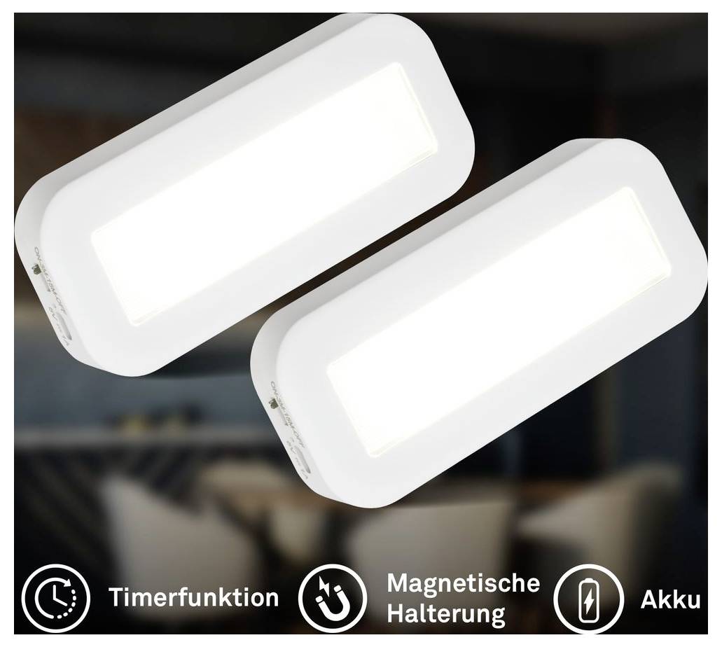 Zwei weiße rechteckige LED-Leuchten, diagonal angeordnet, mit Beschriftungen für Timerfunktion, Magnethalterung und wiederaufladbarem Akku.