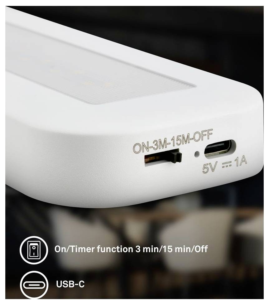 Nahaufnahme eines Geräts mit einem Schalter mit der Aufschrift „EIN-3M-15M-AUS" und einem USB-C-Anschluss mit der Markierung „5V 1A"; Texthighlights zur Ein-/Timer-Funktion 3 Min/15 Min/Aus und USB-C.