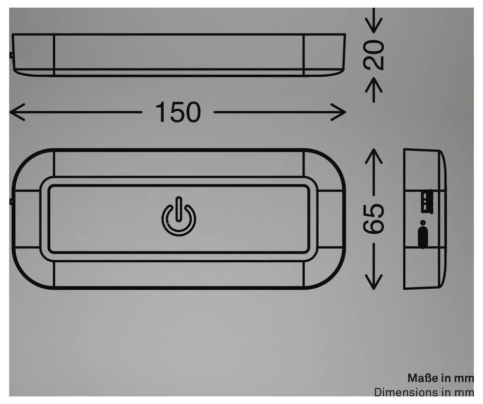 Bemaßte Zeichnung eines rechteckigen Geräts mit Stromversorgungssymbol, beschriftet mit 150 mm Breite, 65 mm Höhe und 20 mm Tiefe.