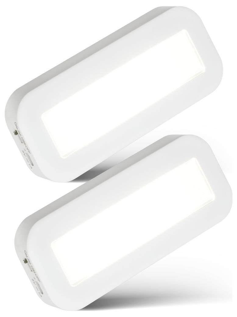 Zwei weiße rechteckige LED-Wandleuchten diagonal auf einem schlichten Hintergrund dargestellt.