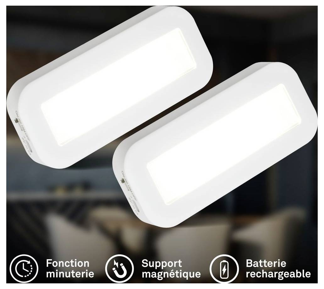 Zwei rechteckige wiederaufladbare LED-Leuchten mit integriertem Timer und magnetischer Befestigung, dargestellt mit Symbolen und französischen Beschriftungen für „Fonction minuterie", „Support magnétique" und „Batterie rechargeable".