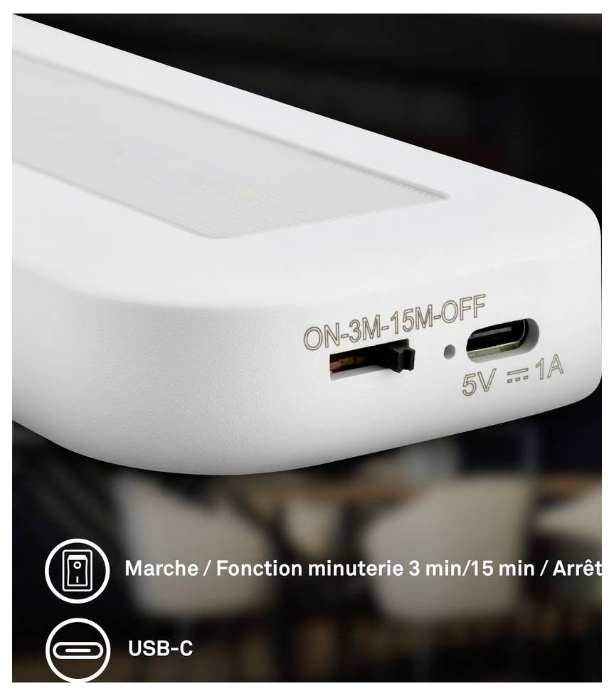 Nahaufnahme eines Geräts mit einem 3-Positions-Schalter mit der Beschriftung ON-3M-15M-OFF, einem USB-C-Anschluss und einer Stromversorgungskennzeichnung von 5V 1A.