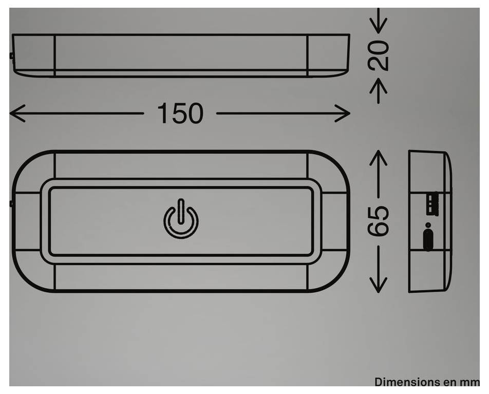 Dimensionsdiagramm eines Geräts mit abgerundeter rechteckiger Form mit Stromversorgungssymbol, das eine Länge von 150 mm, eine Breite von 65 mm und eine Tiefe von 20 mm aufweist.