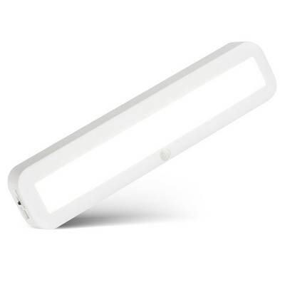Weiße rechteckige LED-Lichtplatte oder Wandlampe mit abgerundeten Ecken, in schräger Ansicht auf einfachem Hintergrund dargestellt.