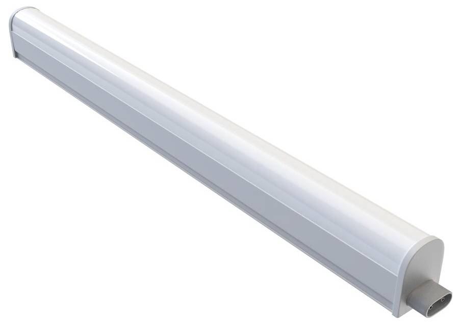 Eine lange silberfarbene LED-Röhrenleuchte mit abgerundeten Enden und einem kleinen Anschluss an einem Ende.