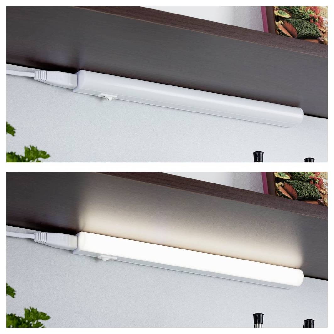 Zweiseitiges Bild einer schlanken LED-Leuchte unter dem Regal, die oben ausgeschaltet und unten strahlend weiß leuchtend gezeigt wird.