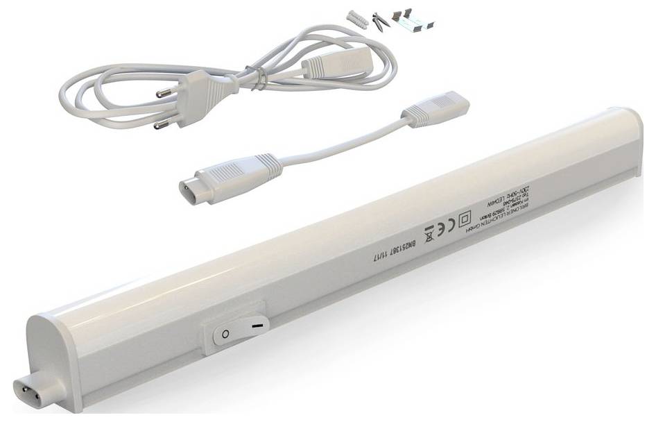 Weiße LED-Leuchtleiste mit Stromkabel und Verbindungskabel, auf einfarbigem Hintergrund dargestellt.