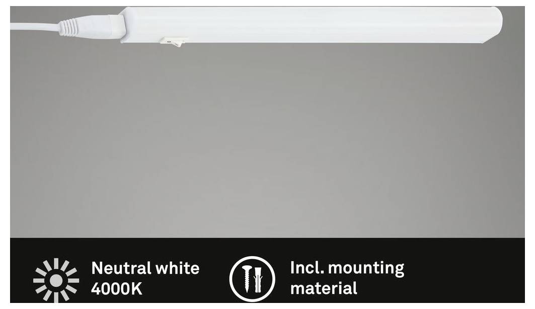 Weiße LED-Röhrenleuchte auf grauem Hintergrund, beschriftet mit „Neutralweiß 4000K" und „Inkl. Montagematerial".