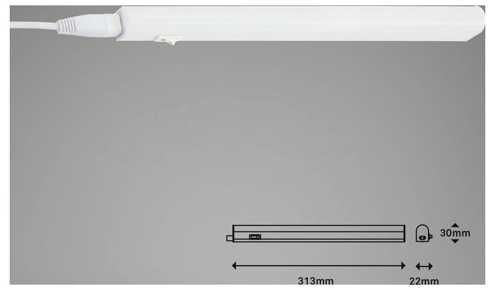 Weiße lineare Leuchte mit Maßstabdiagramm: 313 mm lang, 22 mm breit, 30 mm hoch.