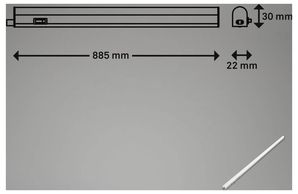 Diagramm einer langen rechteckigen Leuchte mit den Abmessungen 885 mm Länge, 30 mm Höhe und 22 mm Breite.