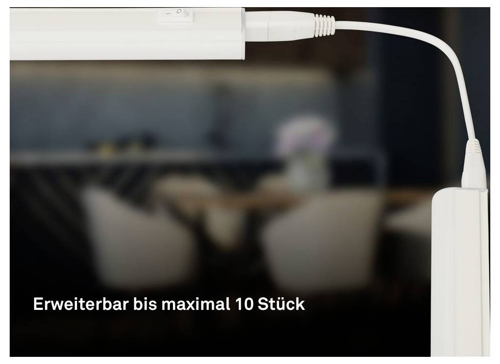 Nahaufnahme einer weißen linearen Leuchte mit Kabel auf der rechten Seite; Text lautet „Erweiterbar bis maximal 10 Stück" und zeigt an, dass sie bis zu 10 Einheiten erweiterbar ist.