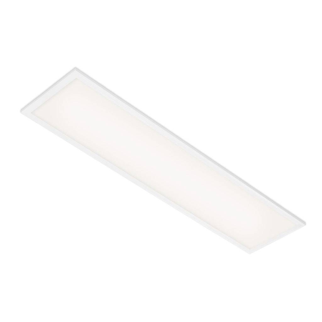 Rechteckiges eingelassenes Deckenleuchten-Panel mit weißem Diffusor, leicht diagonal auf einem einfachen Hintergrund gezeigt.