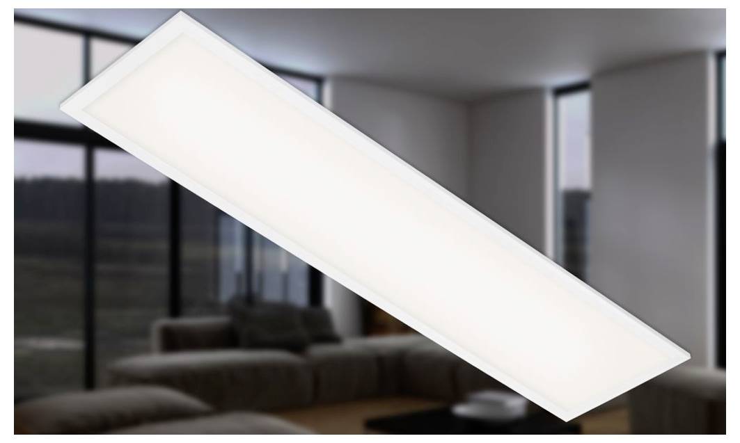Rechteckiges weißes LED-Deckenleuchten-Panel vor unscharfem modernem Wohnzimmerinterieur.