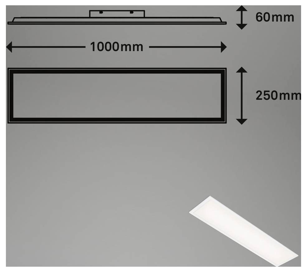 Diagramm eines rechteckigen Lichtpaneels, dargestellt mit Abmessungen von 1000 mm Breite, 250 mm Höhe und 60 mm Tiefe.