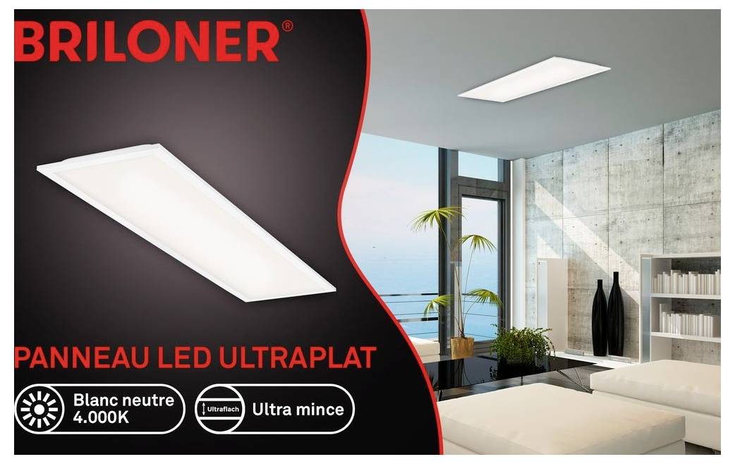 Briloner ultraflaches LED-Deckenpanel in einem modernen Schlafzimmer gezeigt; Text hebt 'LED-Paneelultradünn', neutralweiß 4000K und ultraflaches Design hervor.