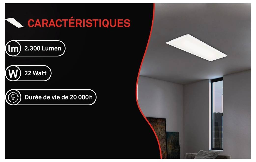 Leuchtfeld-Werbung mit "EIGENSCHAFTEN": 2.300 Lumen, 22 Watt, 20.000 Stunden Lebensdauer, neben einem beleuchteten Deckenpaneel in einem Raum.